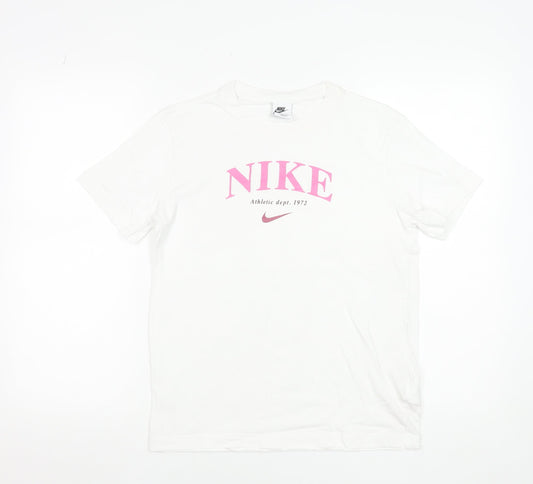 Nike Girls White Pink Graphic Logo T-Shirt Size L 146-156cm Cotton