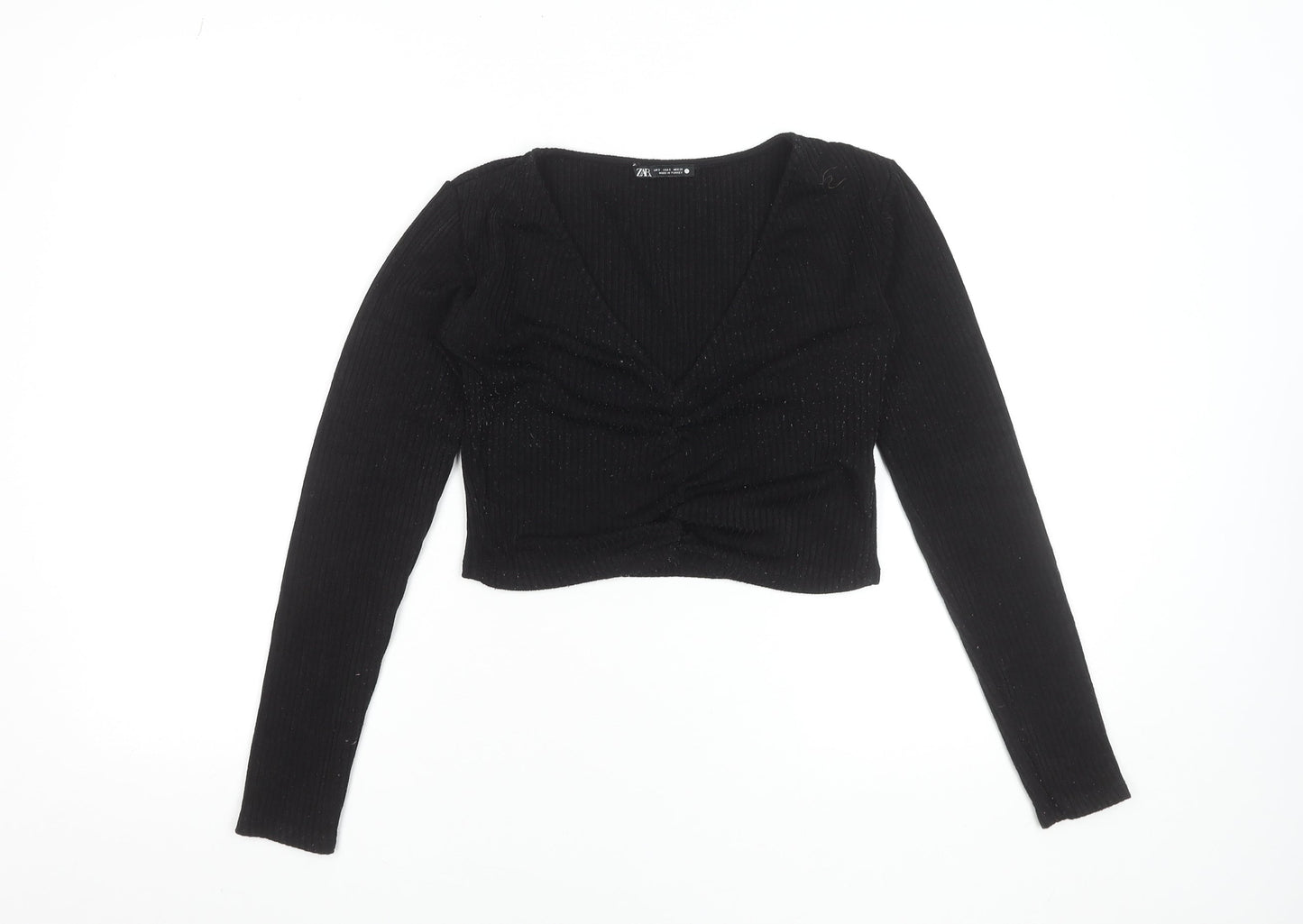 ZARA Womens Black Cropped V-Neck Long Sleeve Top Size S