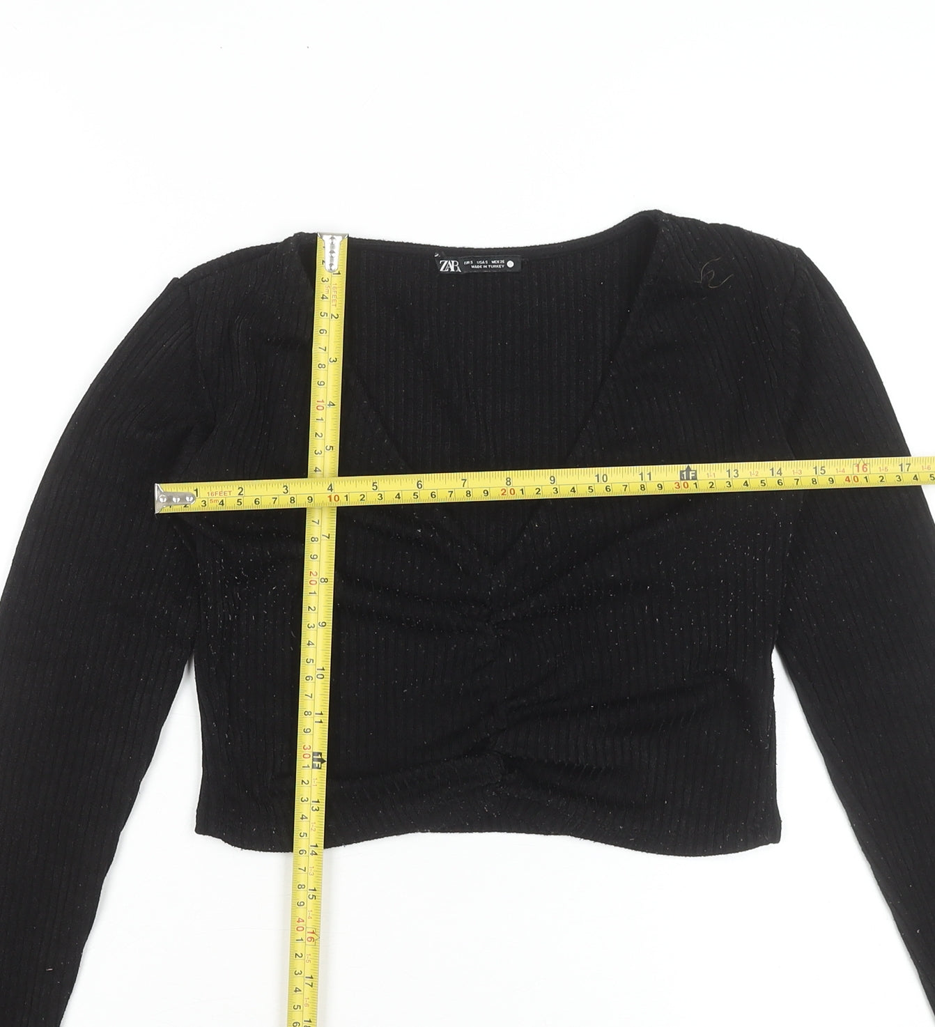 ZARA Womens Black Cropped V-Neck Long Sleeve Top Size S