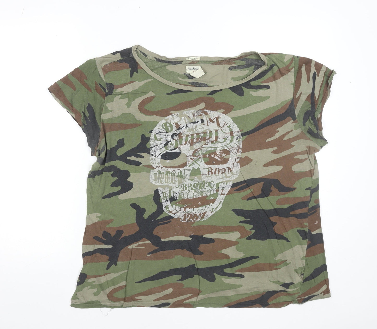 Ralph Lauren Women's Green Camouflage Skull Print Cotton T-Shirt Size L