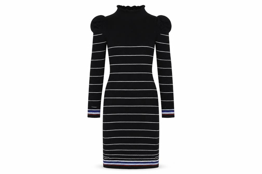 Front view of Miss Selfridge Women’s Black Striped Knit Bodycon Dress UK 12