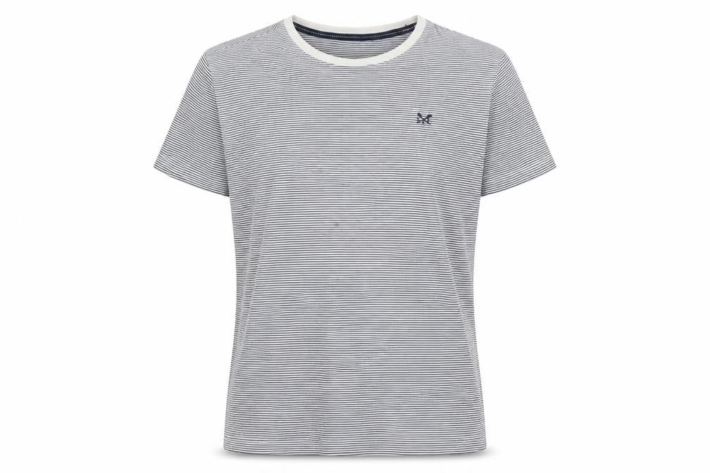 Front view of Crew Clothing Men's Blue Striped Cotton T-Shirt, size S