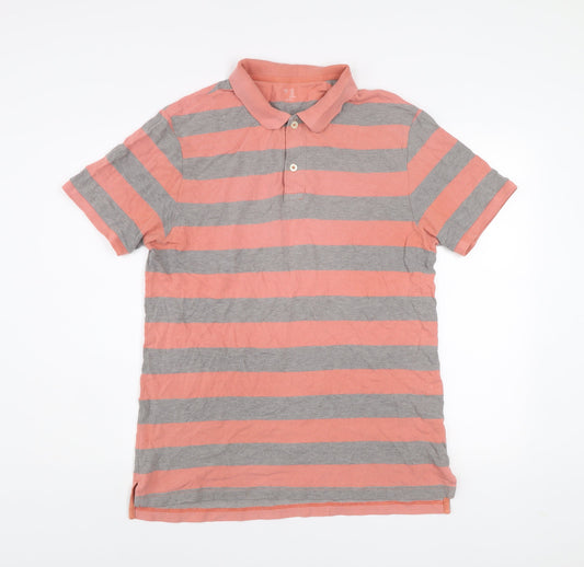 Gap Men’s Pink and Grey Striped Cotton Polo Shirt Size L