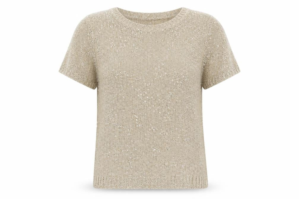 Marks and Spencer Women Beige Sequin Knit Short Sleeve T-Shirt UK 8