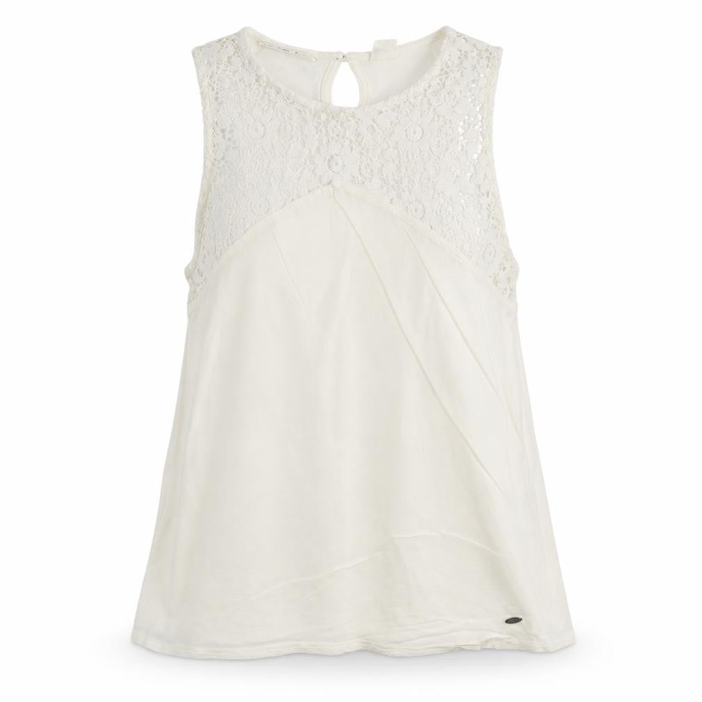 Front view of O'Neill women’s ivory crochet cotton sleeveless tank top, size UK 12