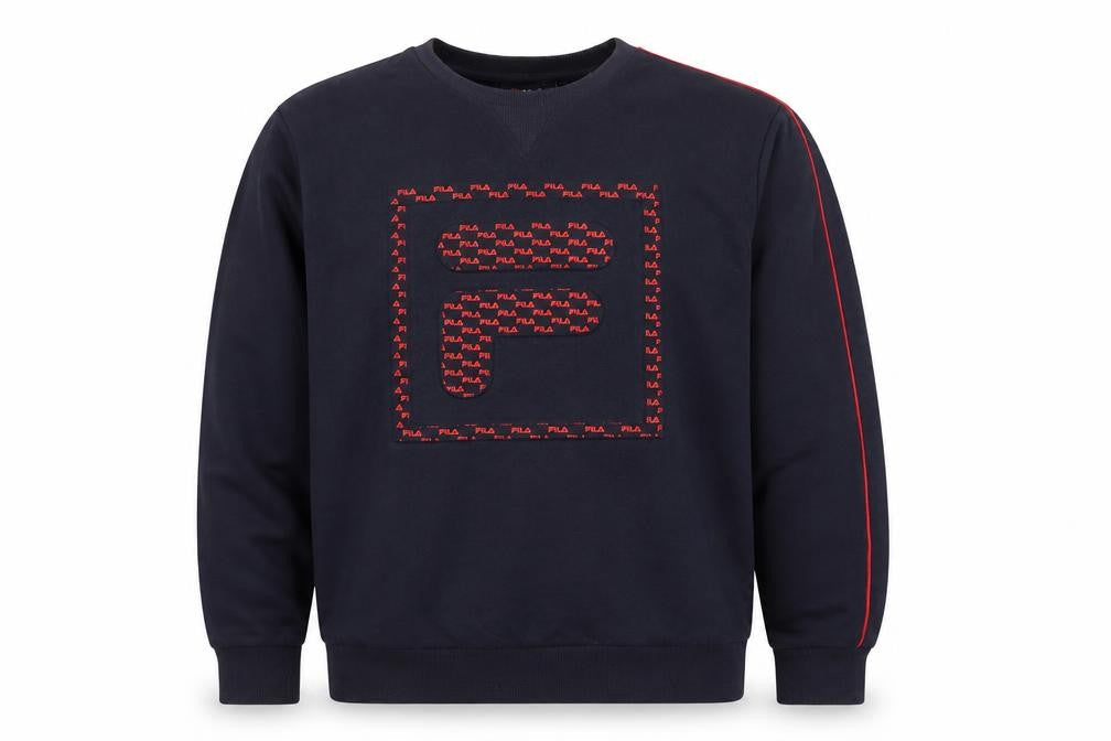 Front view of Fila Men’s Blue XL Pullover Sweatshirt Crew Neck Logo Fleece