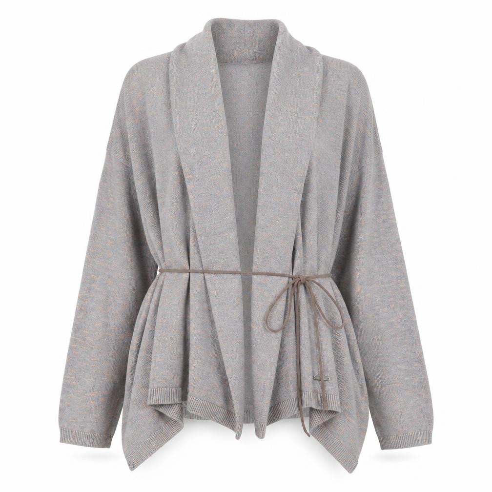 Front view of O'Neill women’s grey knit belted cardigan m long sleeve relaxed fit
