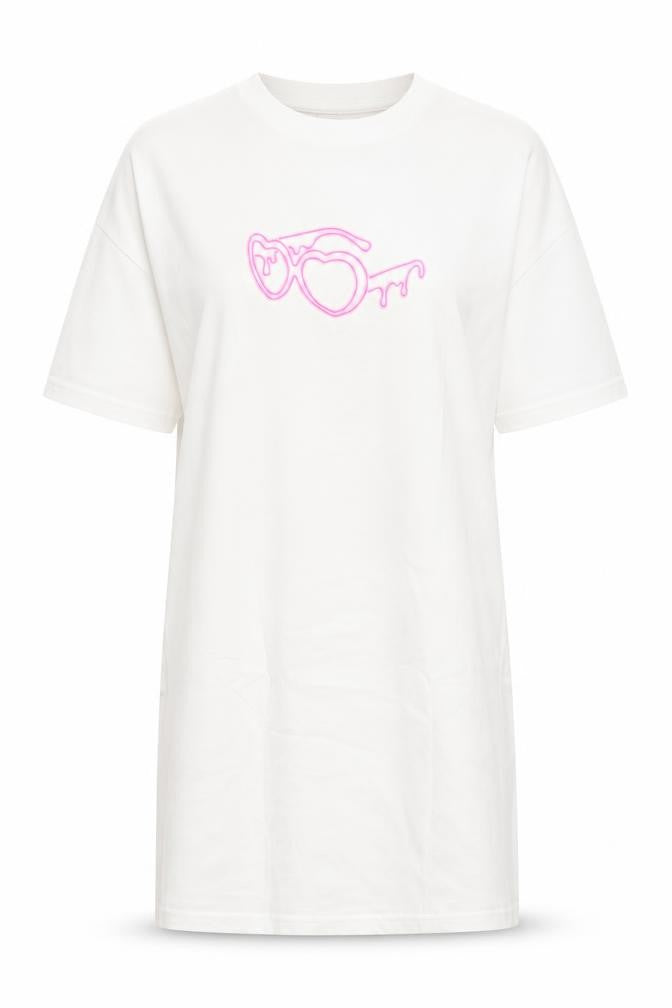 Front view of I Saw It First Women’s White T-Shirt Dress, size S, Graphic Cotton Summer