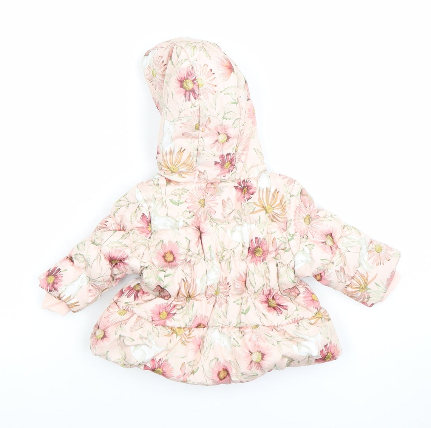Next Girls Pink Floral Hooded Puffer Jacket 0-3 Months Polyester Lined Winter Coat