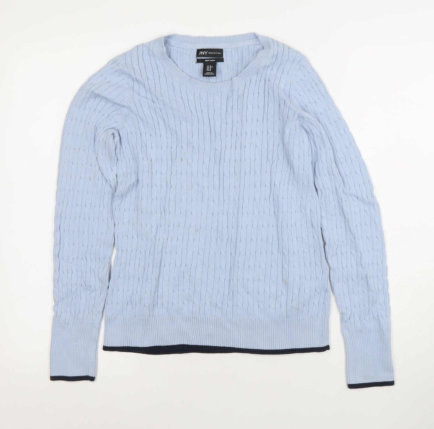 Jones New York Women's Blue Cable-Knit Crew Neck Jumper Size M Cotton