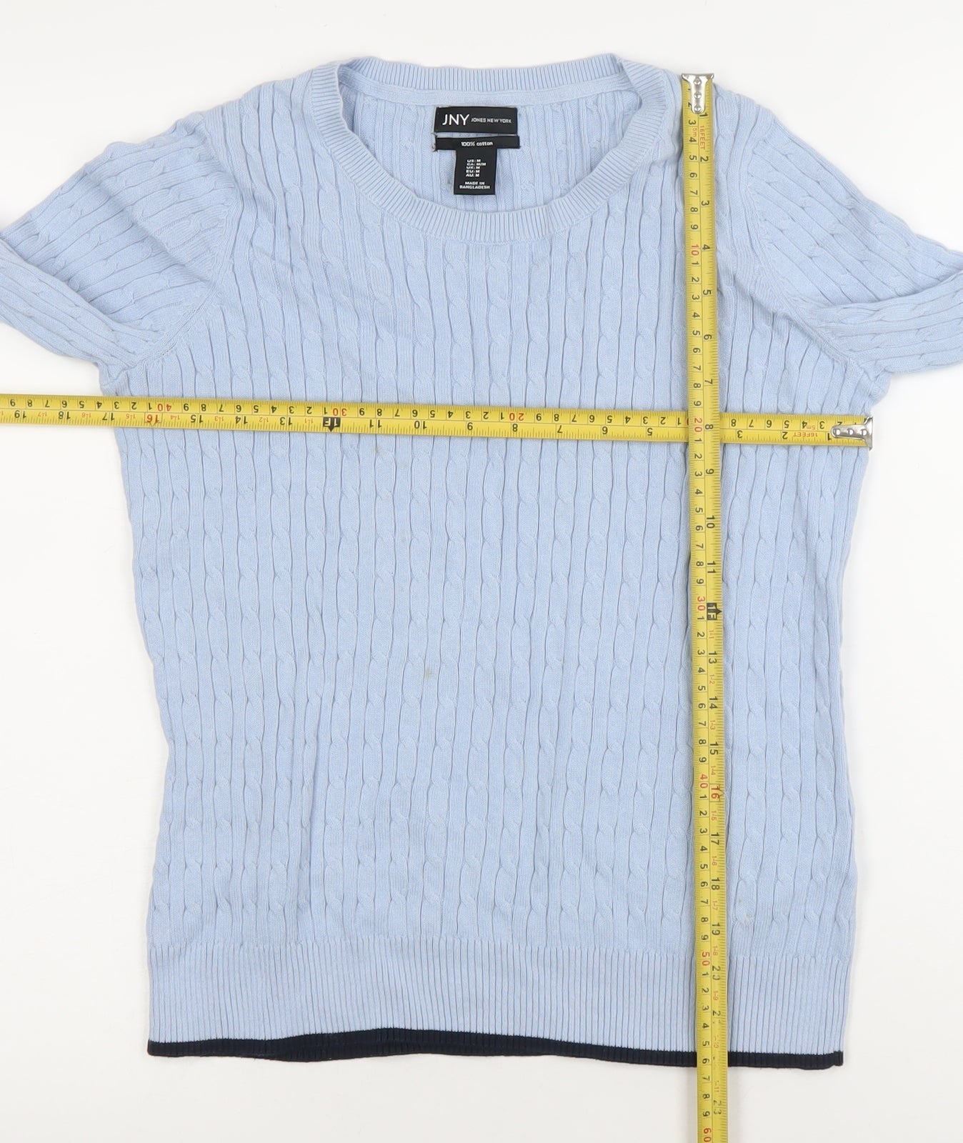 Jones New York Women's Blue Cable-Knit Crew Neck Jumper Size M Cotton