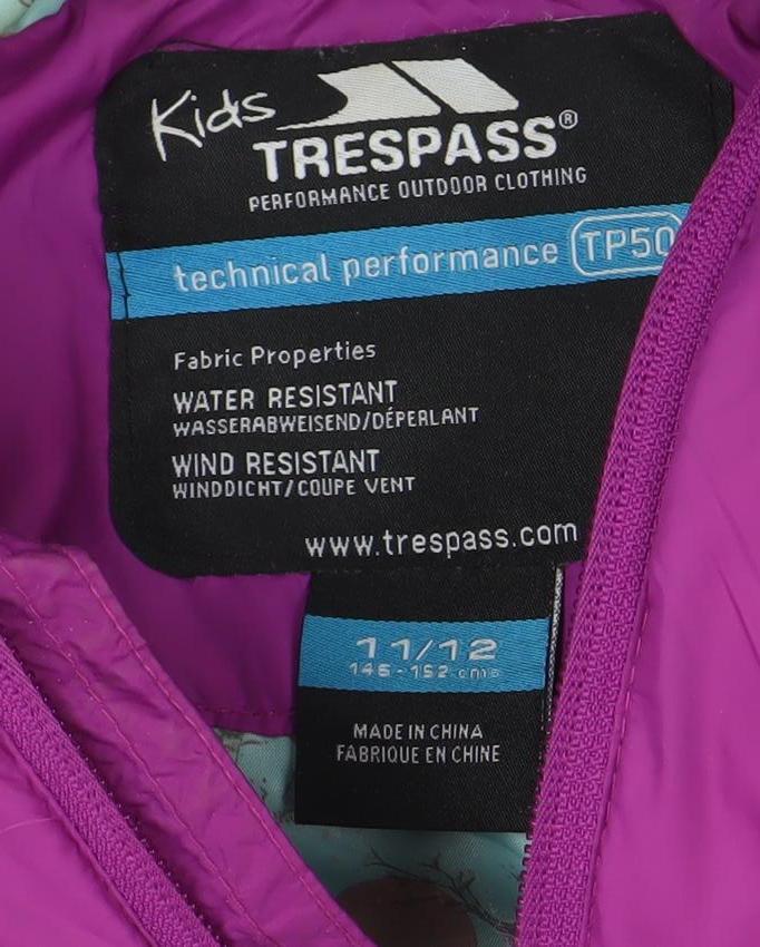Trespass Girls Purple Puffer Jacket 11-12 Years Hooded Water Resistant Winter Coat