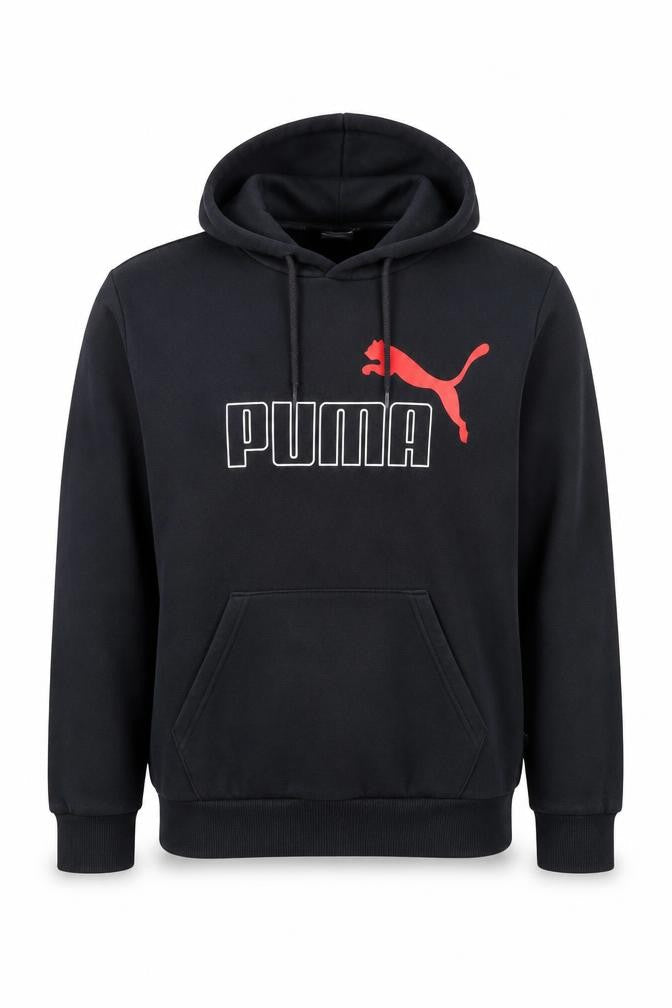 Front view of Puma Men's Black XS Pullover Hoodie with Red Logo