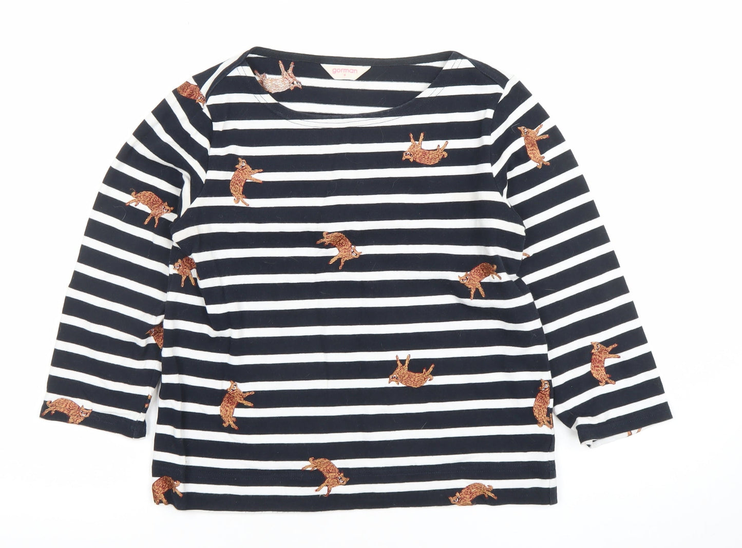 Gorman Women Black White Striped Cat Embroidered Long Sleeve Top Size 6