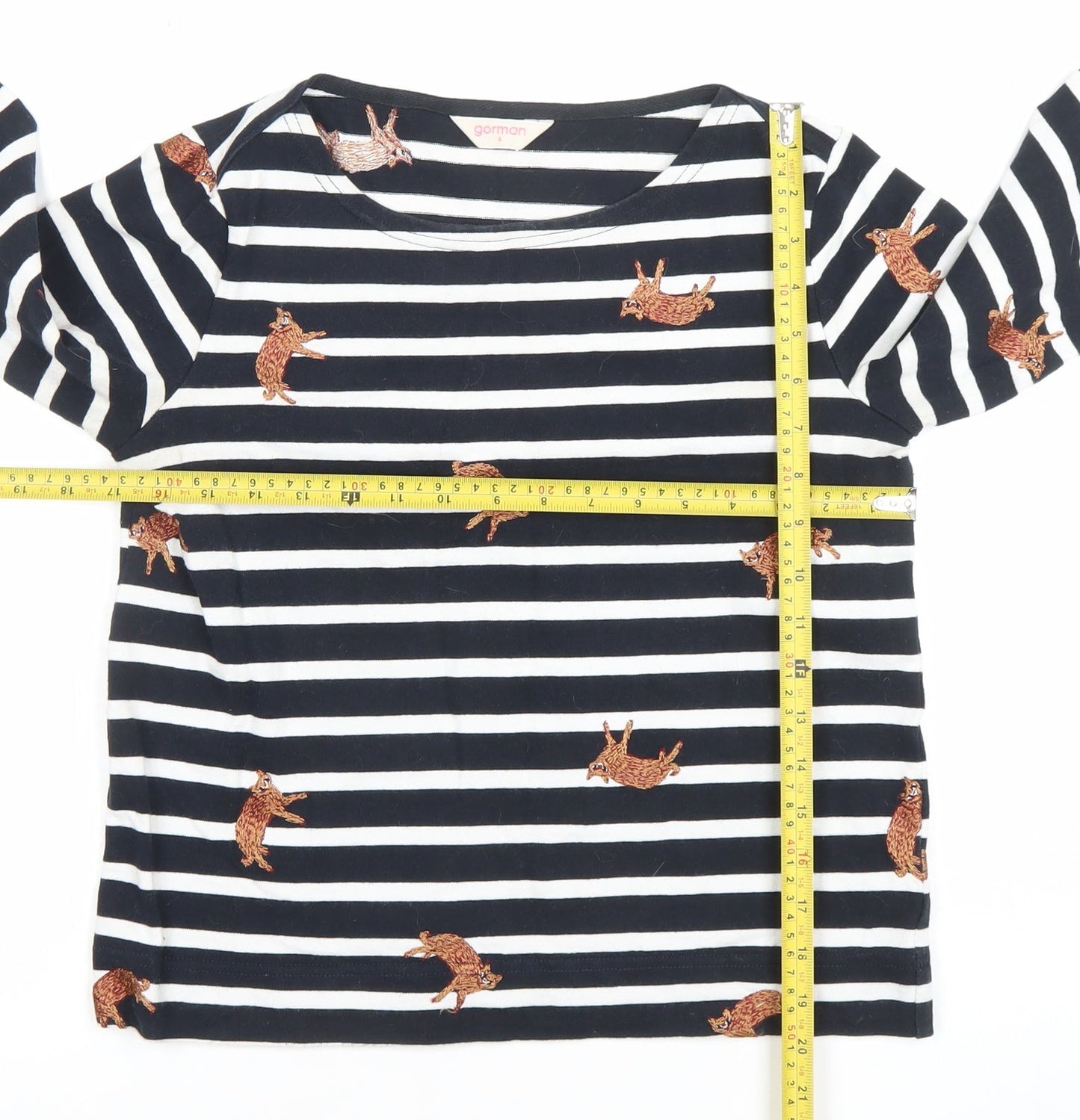 Gorman Women Black White Striped Cat Embroidered Long Sleeve Top Size 6
