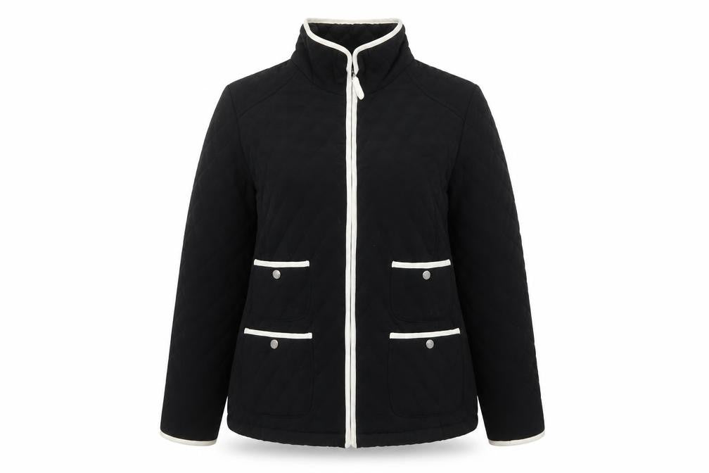 Front view of Gallery Women’s Black Quilted Mid-Length Jacket, size UK 14, Lined Zip Front