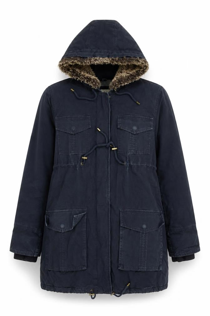 Noppies Women Blue Faux Fur Hooded Parka Coat Size M