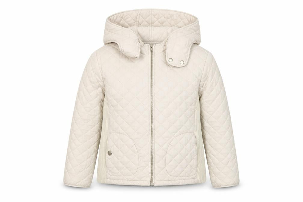 Front view of Massimo Dutti girls’ ivory quilted hooded jacket 7 years full zip padded coat