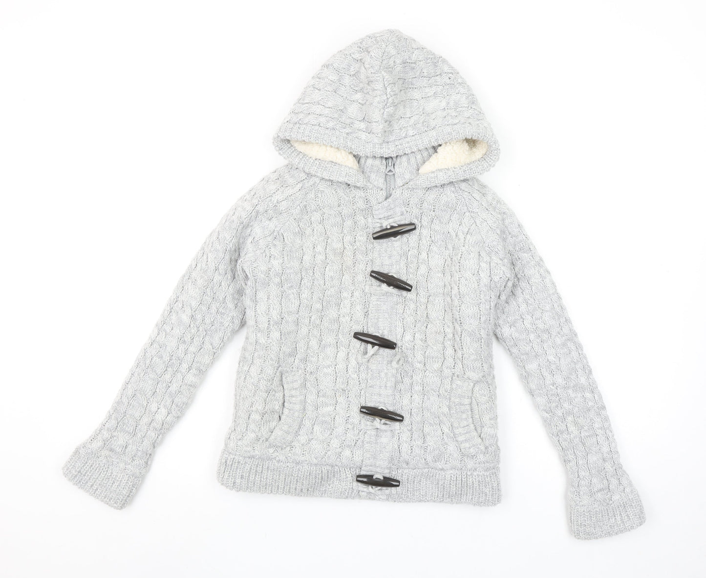 SoulCal & Co Boys Grey Hooded Cable-Knit Cardigan 9-10 Years Toggle Zip Warm