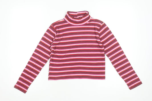 Beyond Retro Women's Red Striped Roll Neck Cropped Jersey Long Sleeve T-Shirt Size M