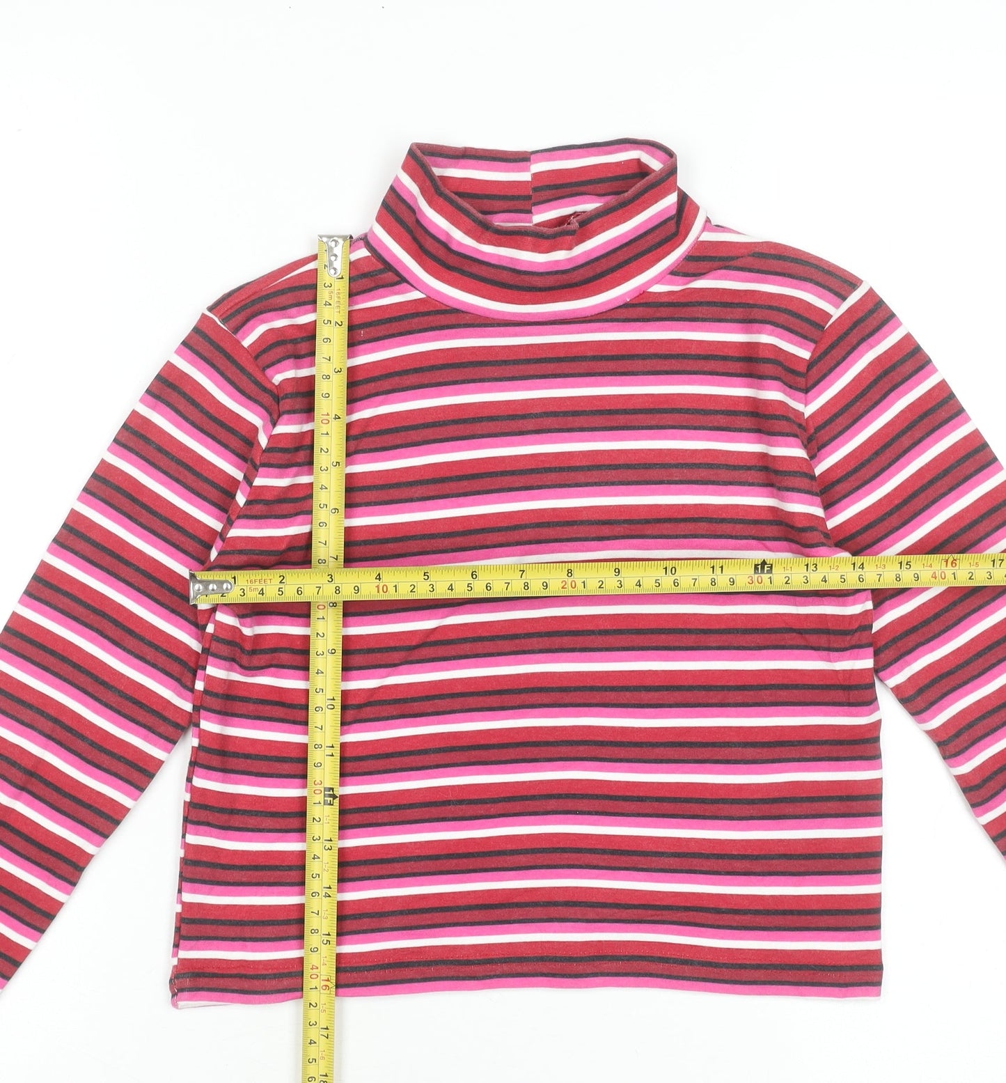 Beyond Retro Women's Red Striped Roll Neck Cropped Jersey Long Sleeve T-Shirt Size M