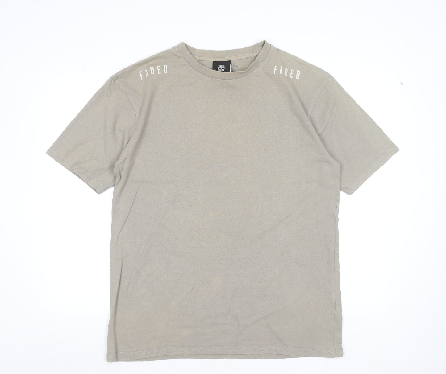 Faded Men’s Beige Graphic Print Cotton Crew Neck T-Shirt Size M