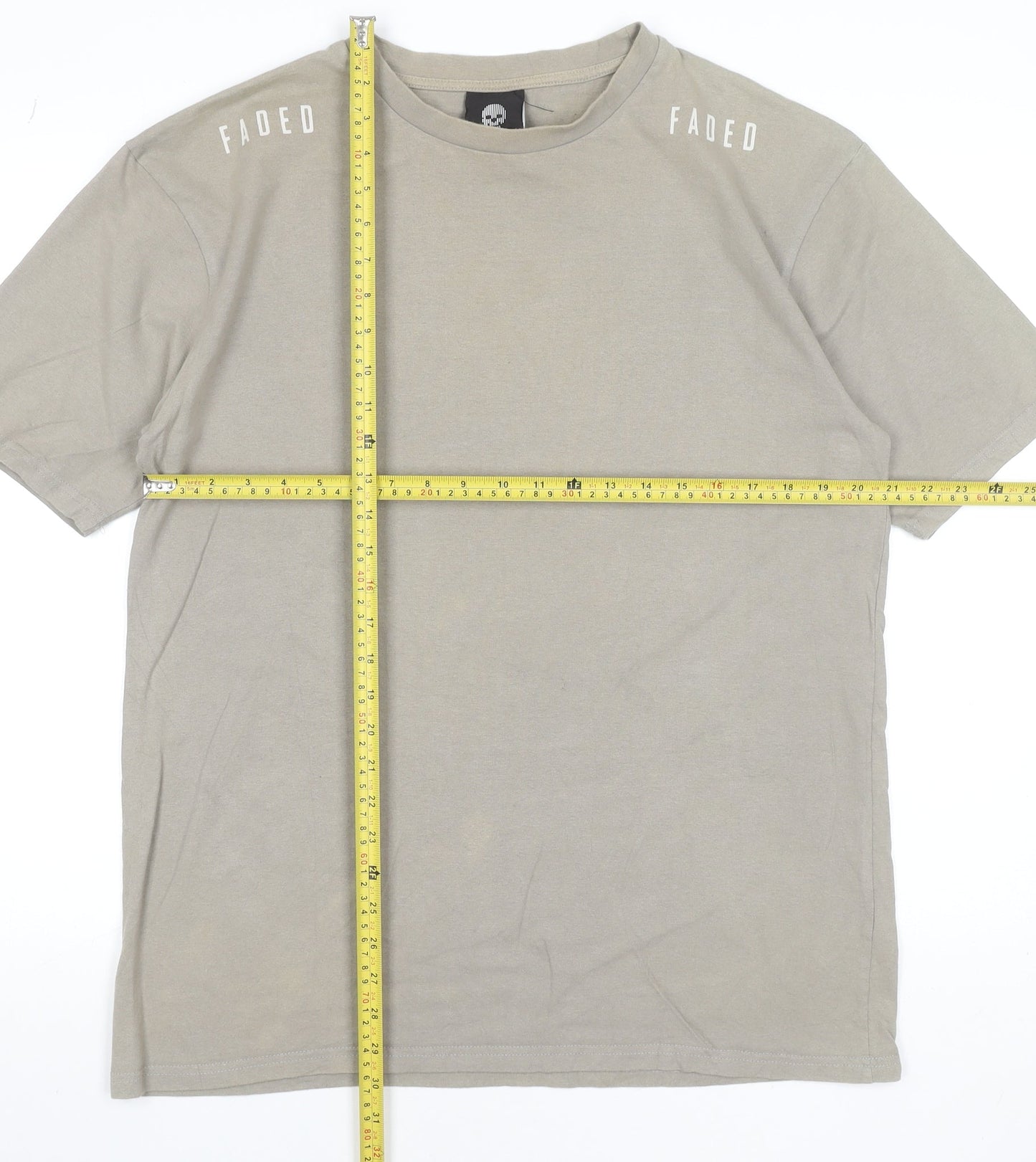 Faded Men’s Beige Graphic Print Cotton Crew Neck T-Shirt Size M