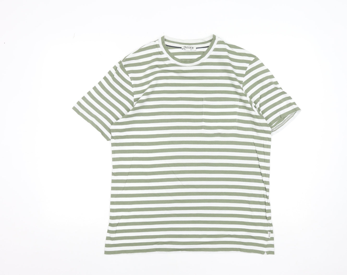 Jaeger Men Green White Striped Cotton Crew Neck Short Sleeve T-Shirt M