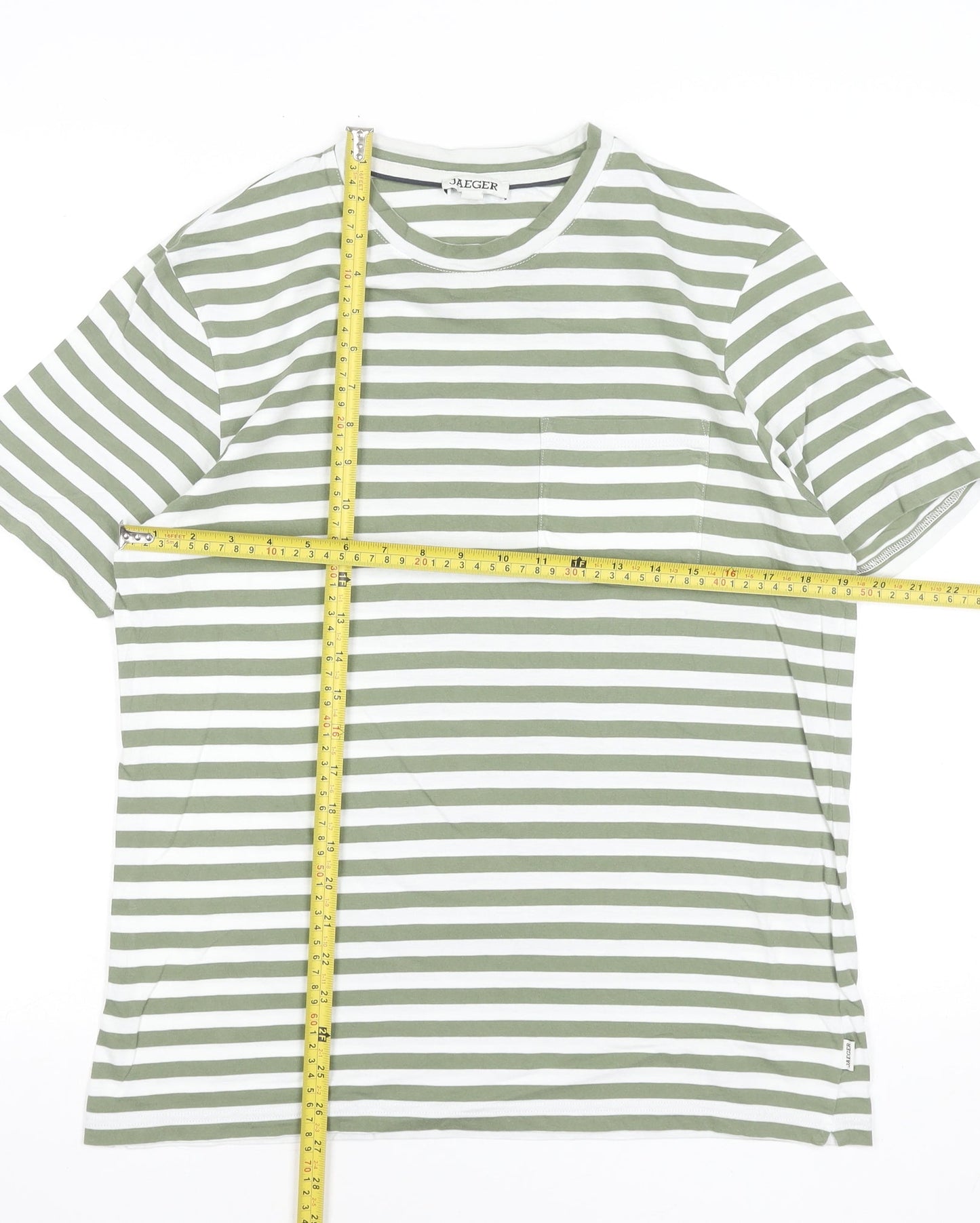 Jaeger Men Green White Striped Cotton Crew Neck Short Sleeve T-Shirt M