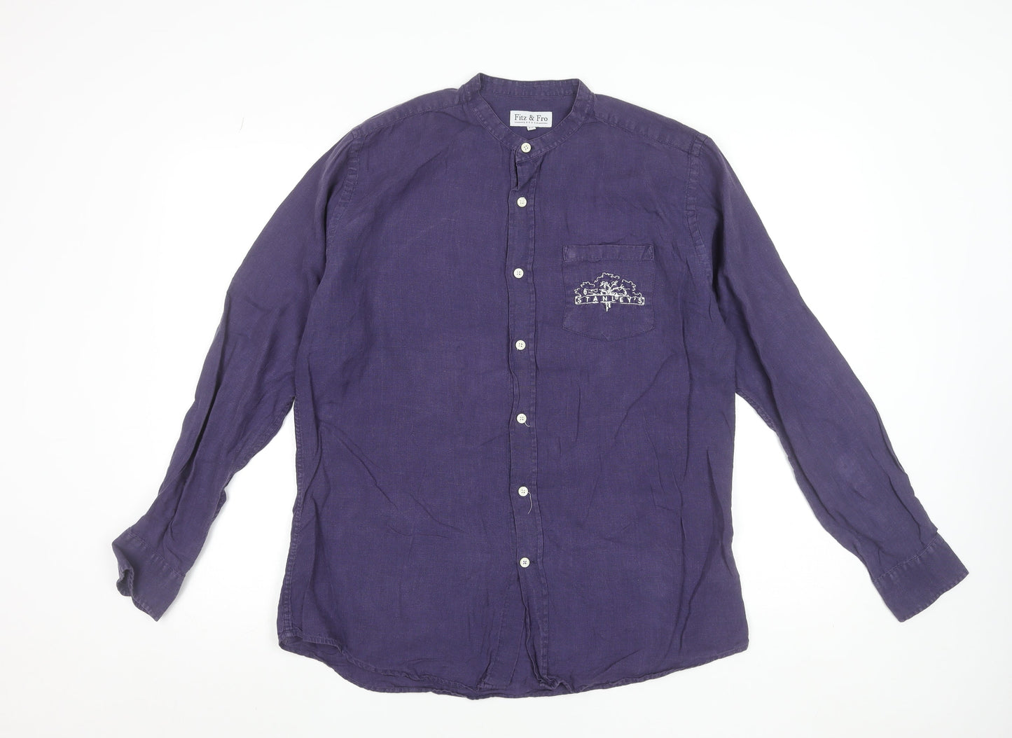 Fitz & Fro Men’s Purple Linen Long Sleeve Band Collar Shirt M