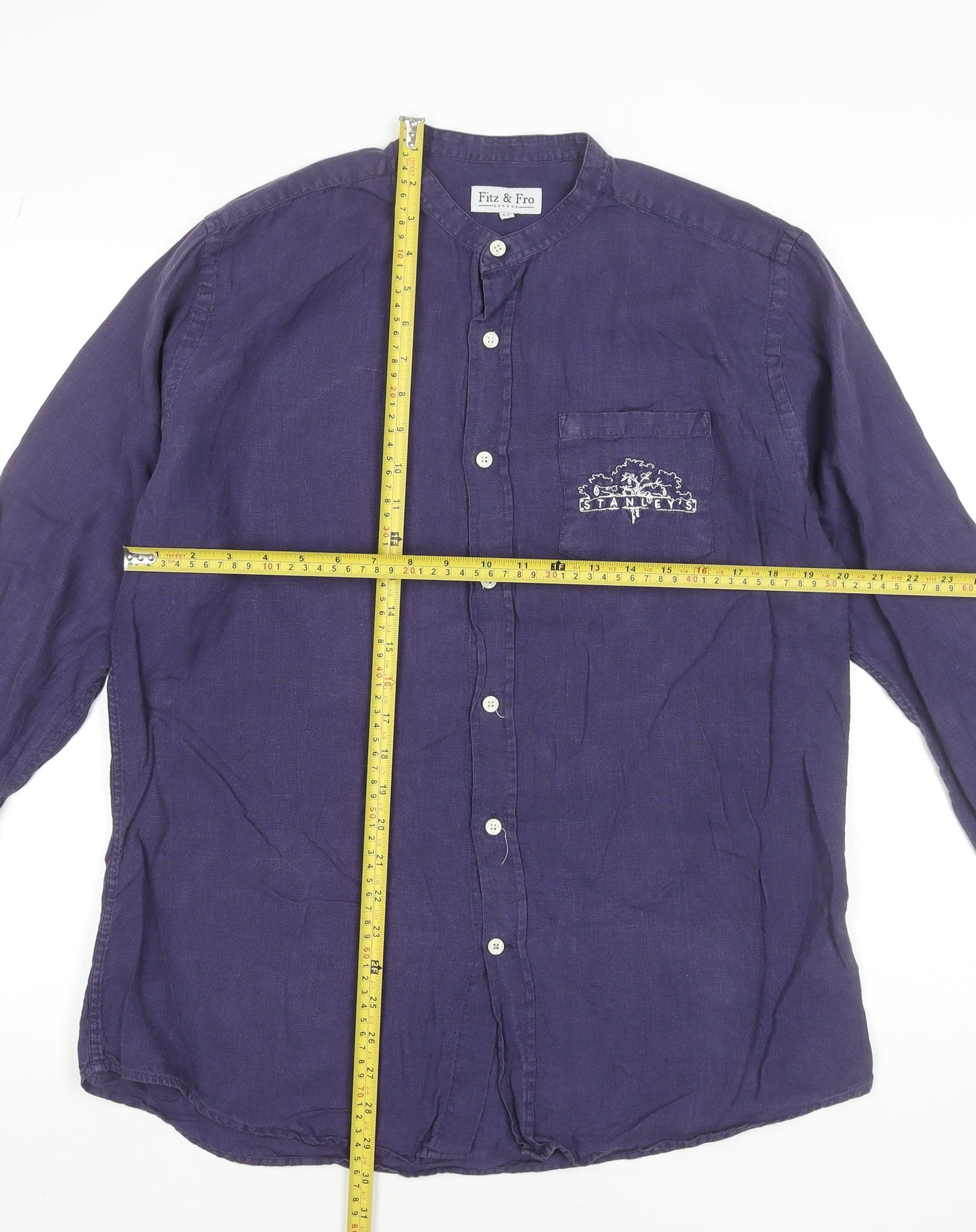 Fitz & Fro Men’s Purple Linen Long Sleeve Band Collar Shirt M