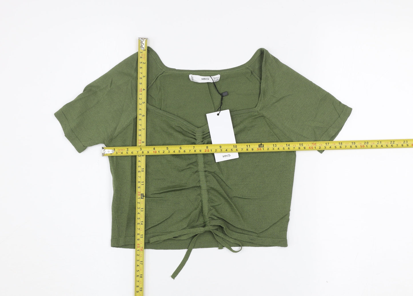 Mango Women's Green Cropped Ruched Knit Top Size S
