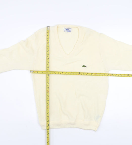 Lacoste Men’s Ivory Wool V-Neck Jumper Size M Classic Vintage