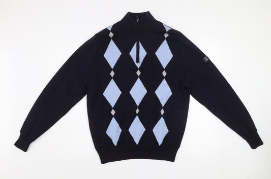 Cutter & Buck Men's Blue Argyle 1/2 Zip Wool Blend Jumper M