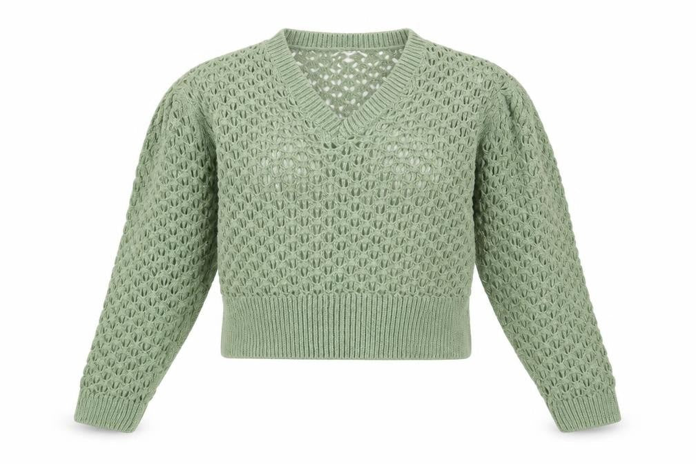 Topshop Women’s Green Open Knit V-Neck Puff Sleeve Jumper Size S