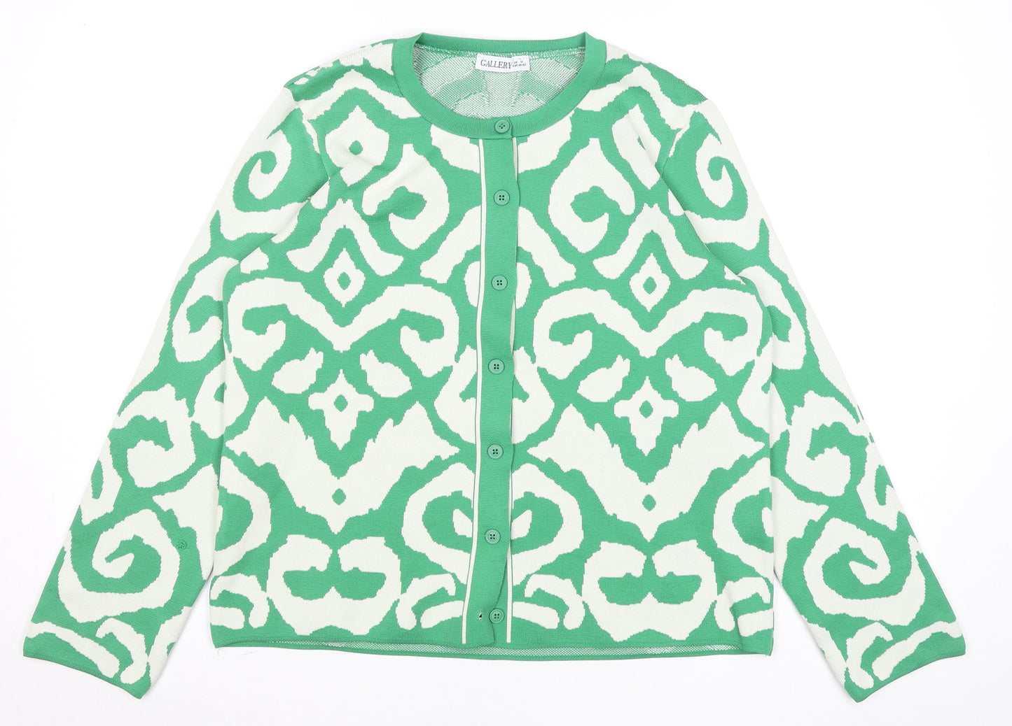 Gallery Women Green White Cardigan Medium Polyester Patterned Knit