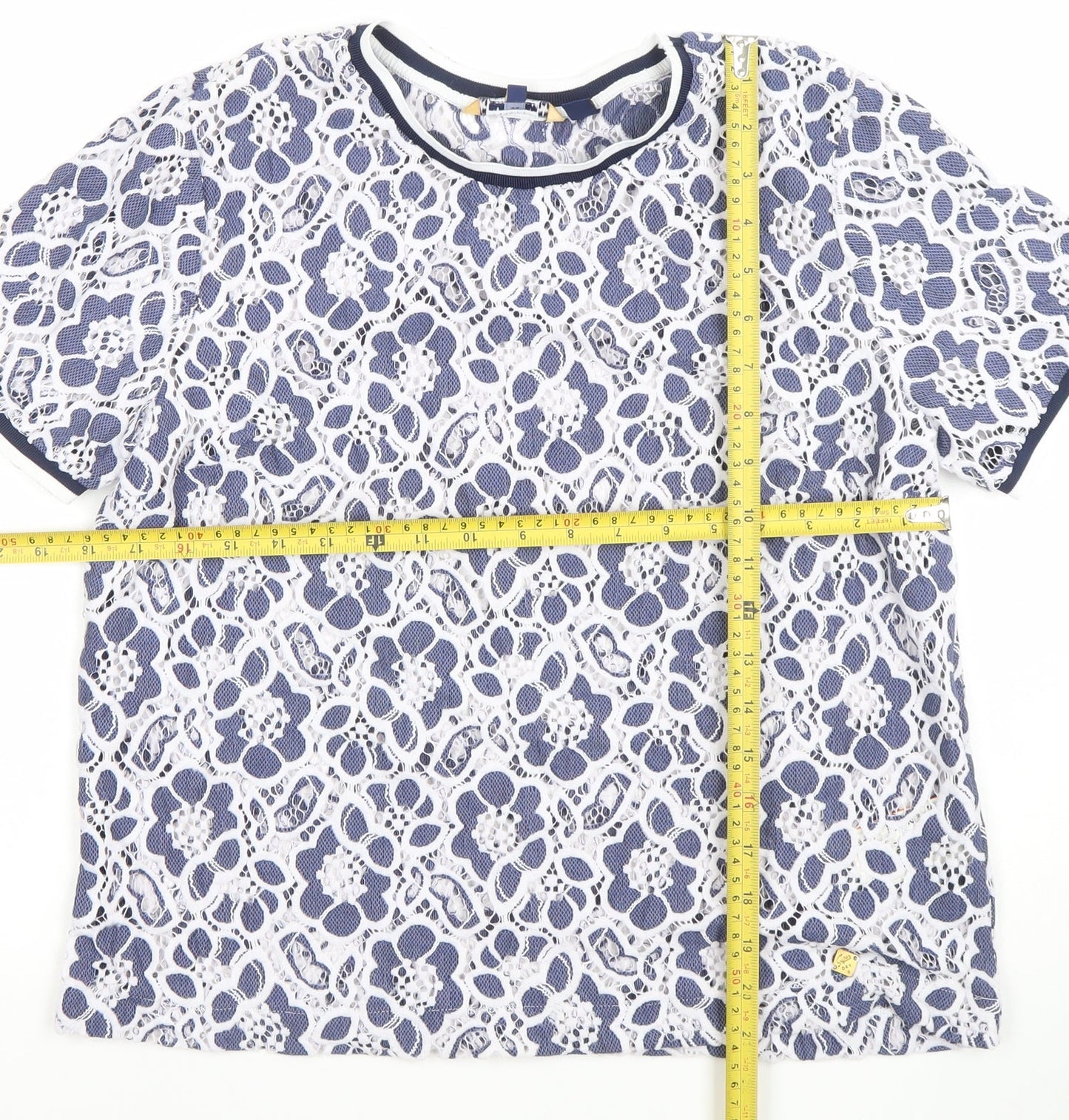 Superdry Women Blue Floral Lace Short Sleeve T-Shirt M