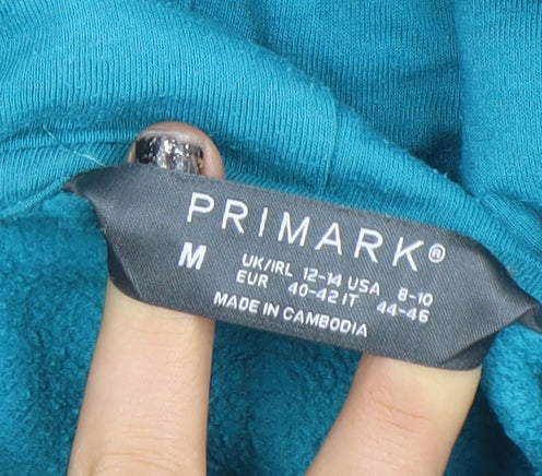 Primark Womens Blue Pullover Hoodie Medium Graphic Print Cotton Blend