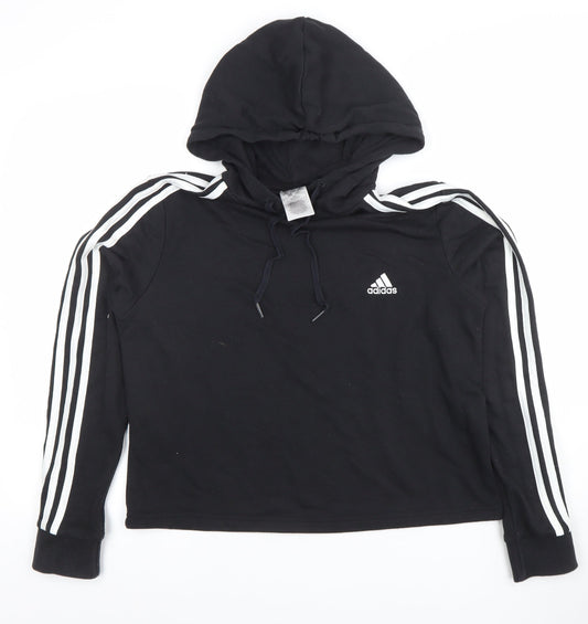 Adidas Womens Black Pullover Hoodie UK 12 Cotton Blend 3-Stripes Design
