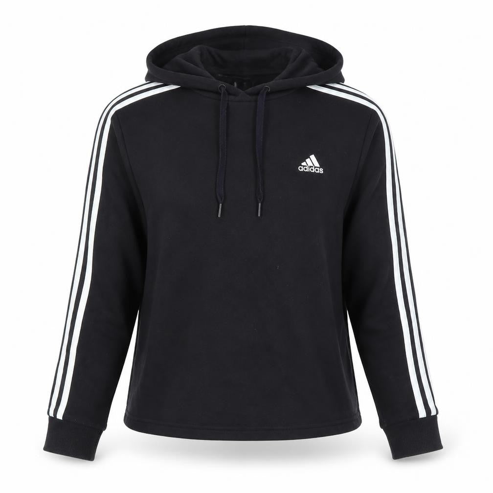 Front view of Adidas women’s black pullover hoodie uk 12 cotton blend 3-stripes design