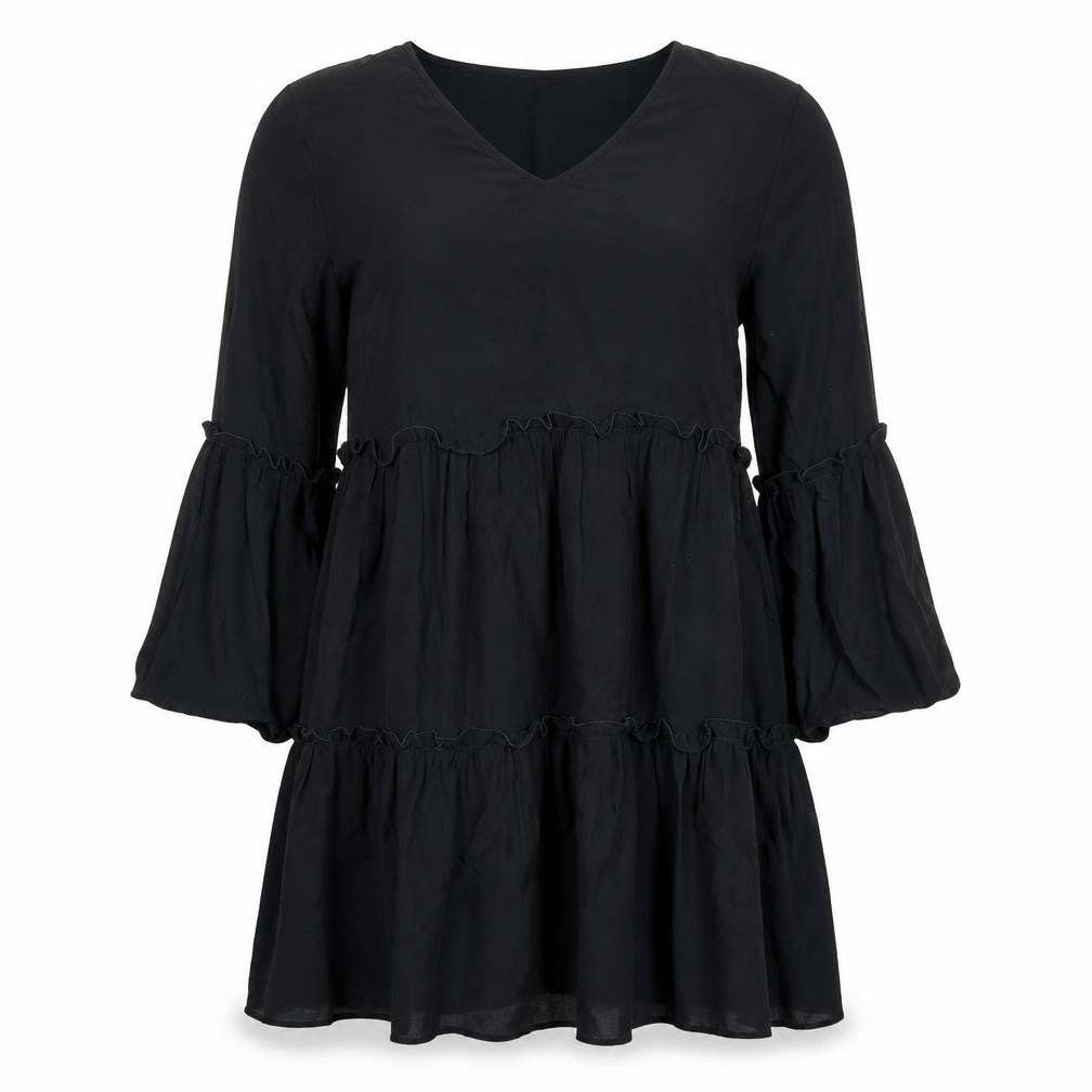 Front view of Jacqueline de Yong Women's Black Viscose Knee Length Ruffle Dress -, size 10