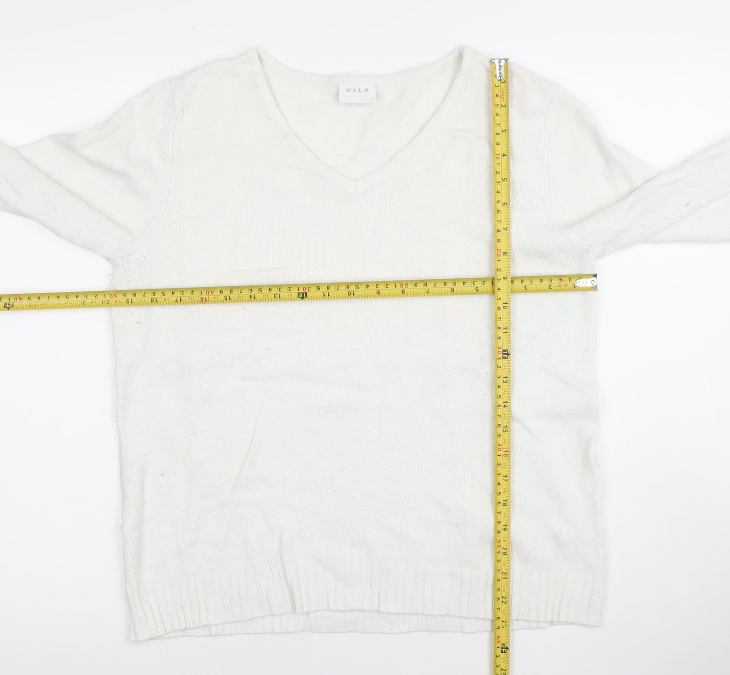Vila Women White V-Neck Knit Jumper L Long Sleeve Pullover