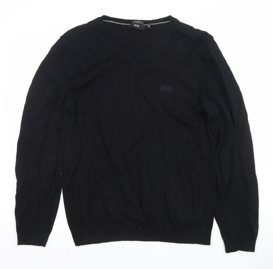 Hugo Boss Mens Black Cotton V-Neck Jumper Size M Regular Fit
