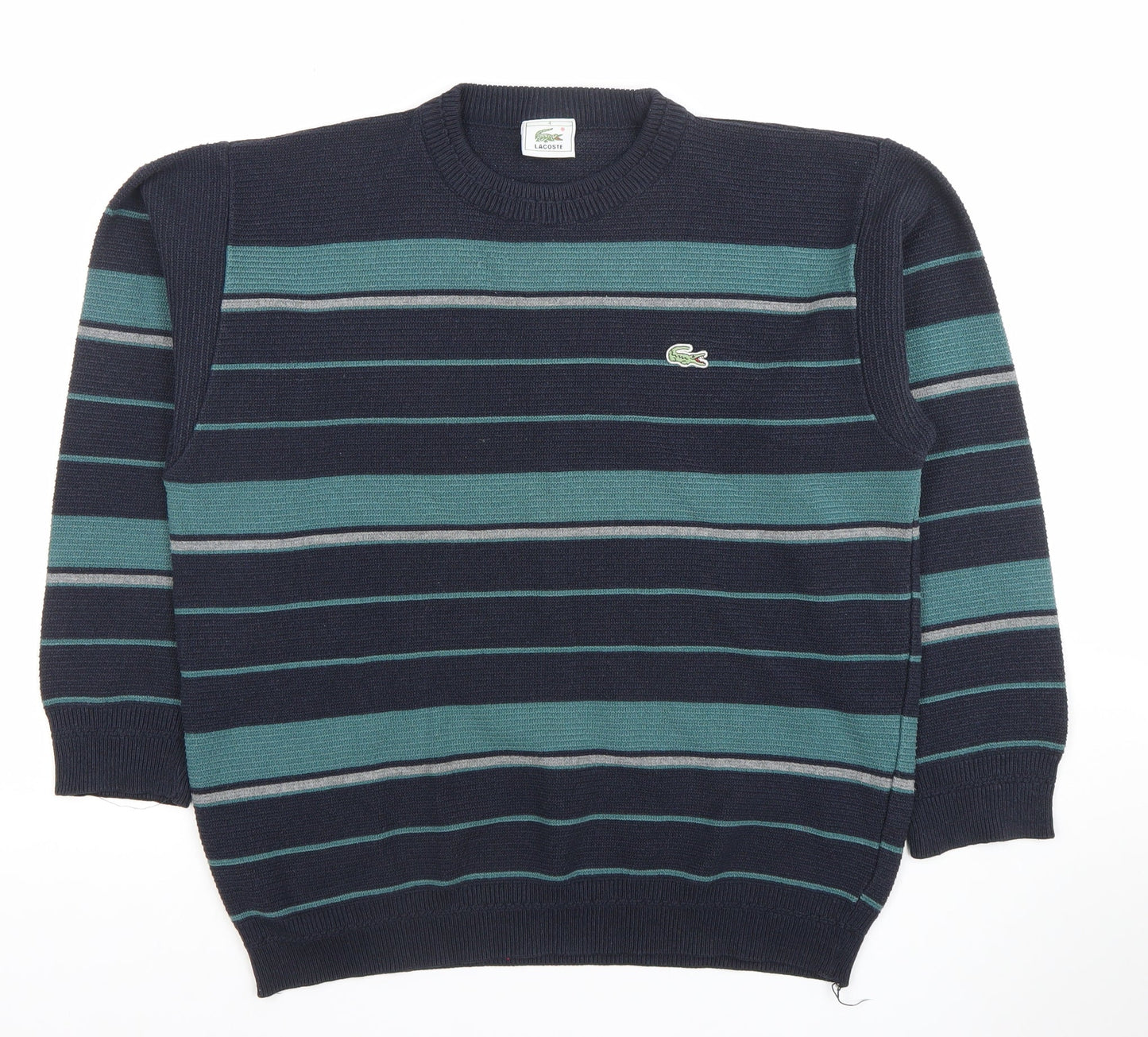 Lacoste Men's Blue Striped Cotton Jumper Size L Crew Neck Pullover