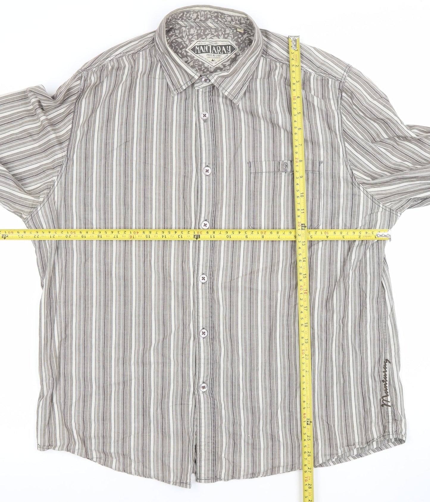 Mantaray Women Grey Striped Long Sleeve Button-Up Cotton Shirt Size L