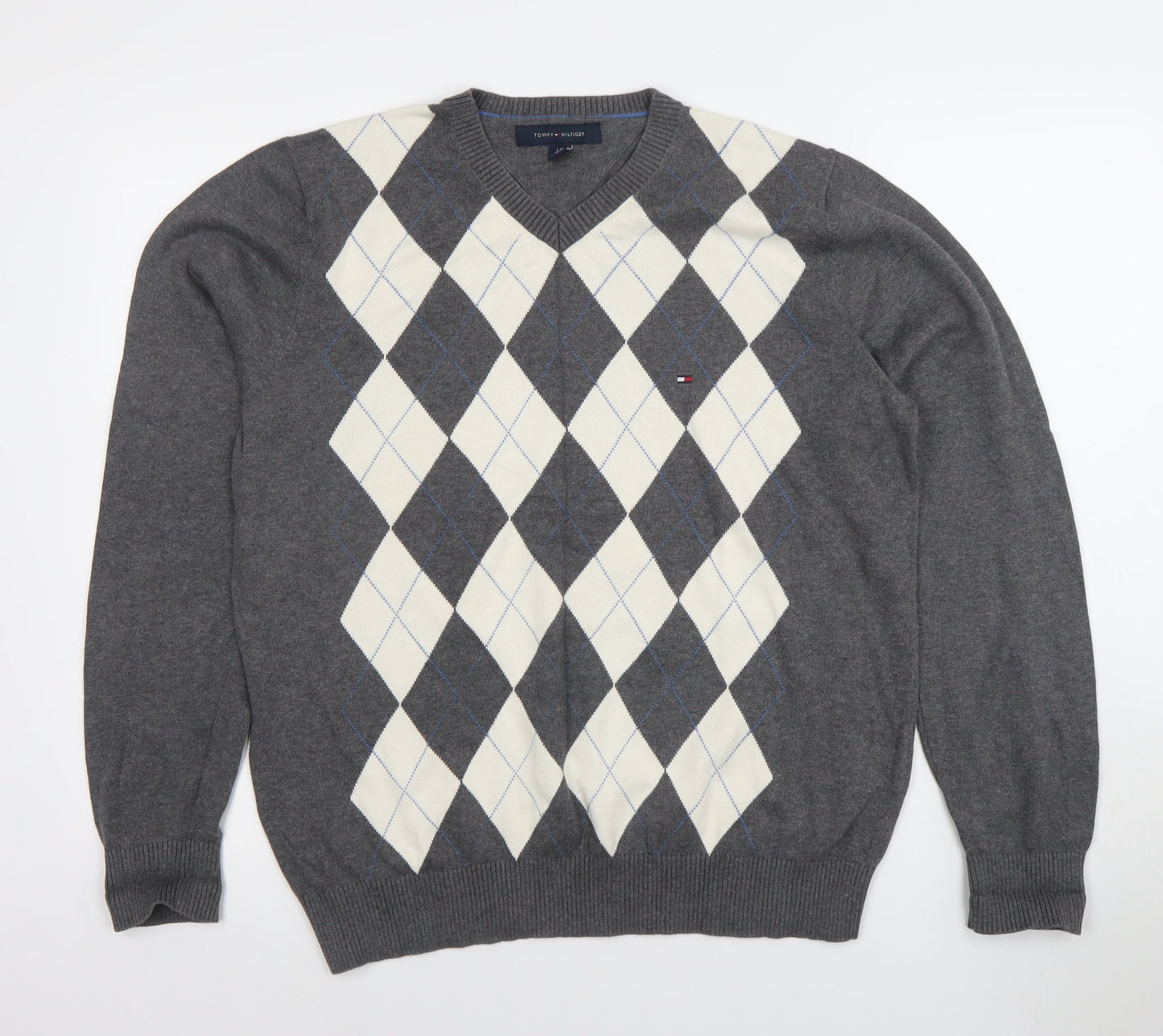 Tommy Hilfiger Men's Grey Argyle V-Neck Cotton Jumper L