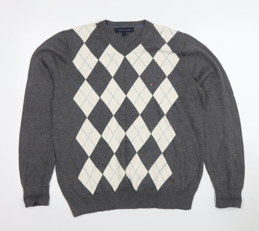 Tommy Hilfiger Men's Grey Argyle V-Neck Cotton Jumper L
