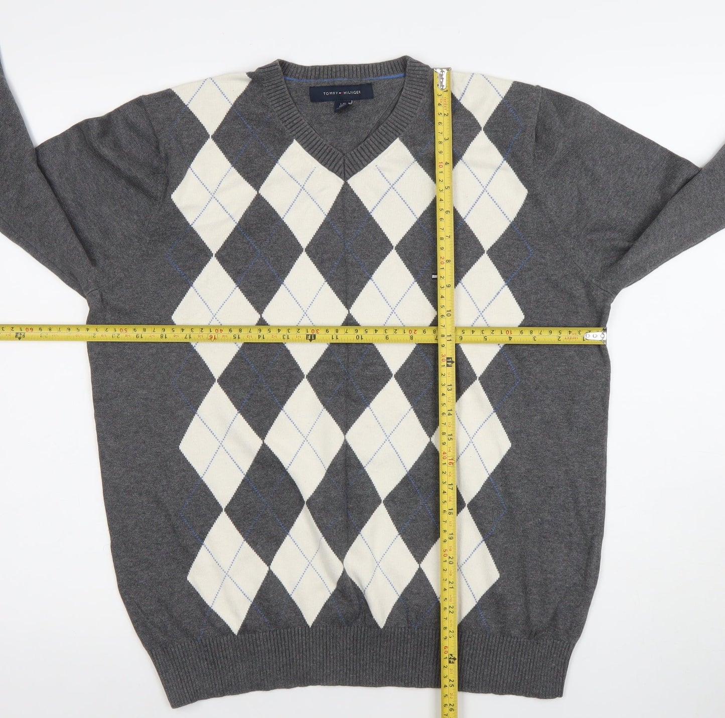 Tommy Hilfiger Men's Grey Argyle V-Neck Cotton Jumper L