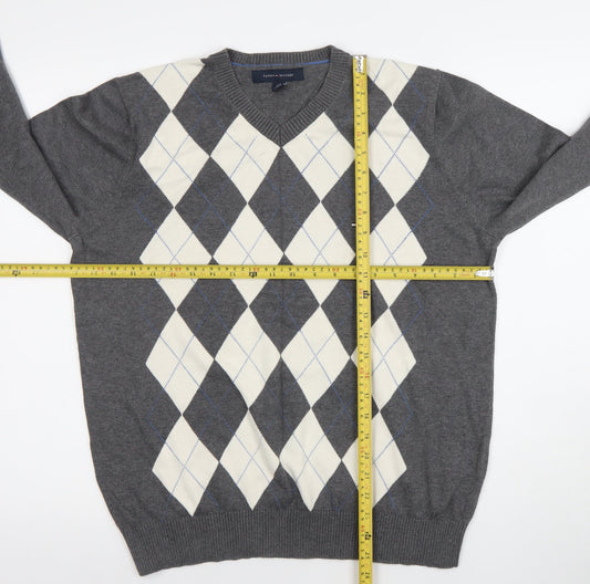 Tommy Hilfiger Men's Grey Argyle V-Neck Cotton Jumper L