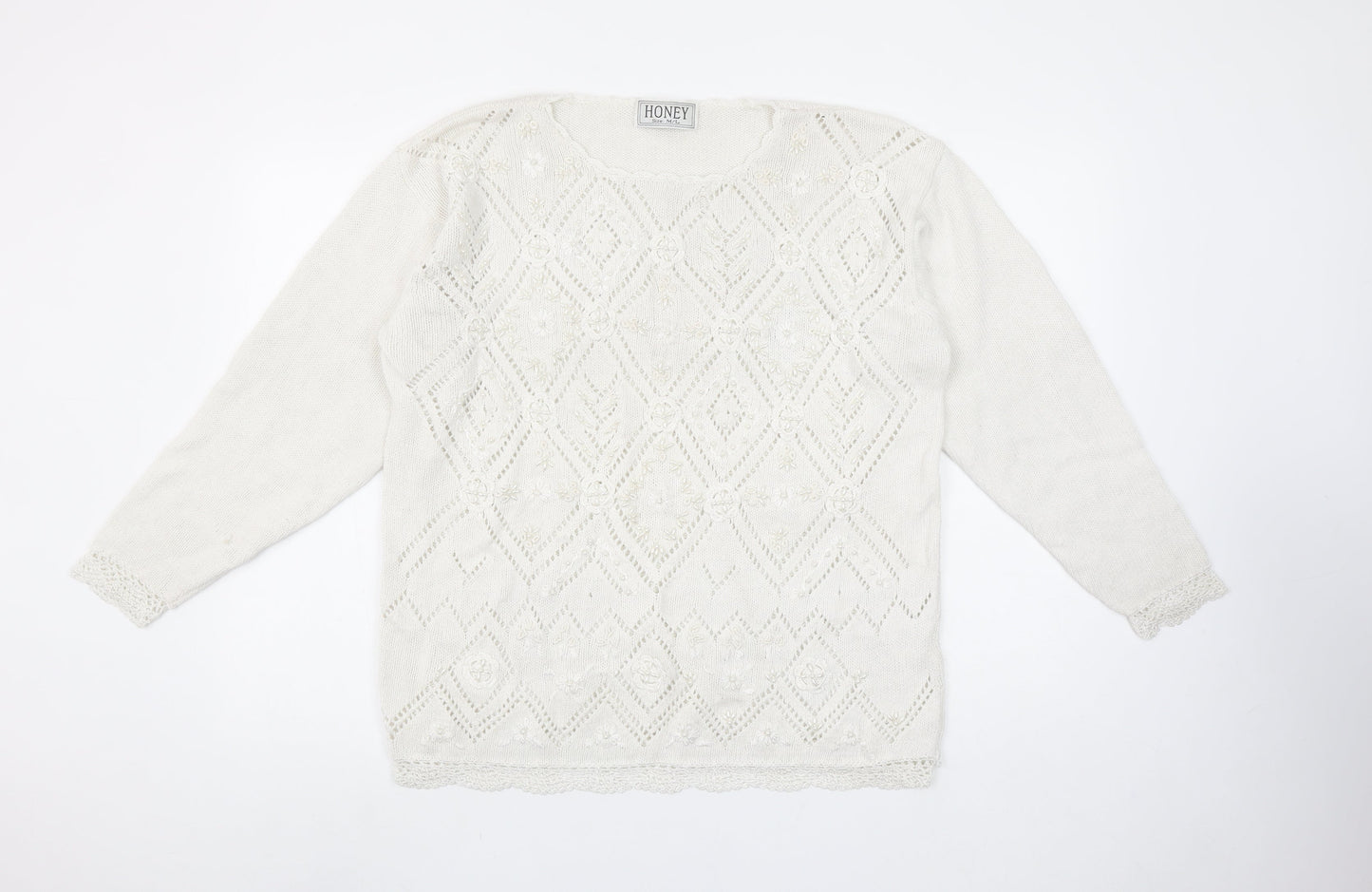 HONEY Women’s Ivory Open-Knit Beaded Pullover Jumper Size M